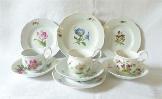Three Antique 19th C Meissen Porcelain Trios With Larger Plate Swan Handles