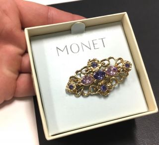 Nos Vintage Monet Purple Crystal Rhinestone Ornate Brooch Pin Gold Tone Gg139e