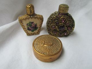 Antique Vintage Art Deco 2 Gilt Perfume Bottles Miniature Compact 1930 ' s/40 ' s 3