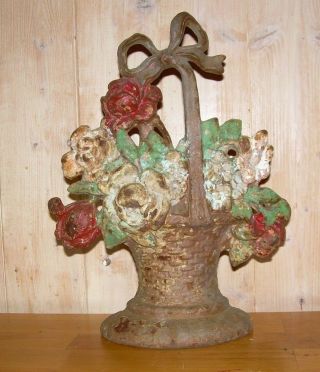 Door Stop Antique 1920/30s Hubley Basket Of Roses Cast Iron Polychrome Painted
