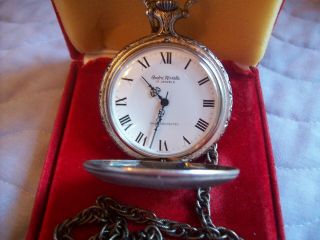 VINTAGE ANDRE RIVALLE 17 JEWELS POCKET WATCH HUNTING SCENE DOG DUCK SILVER TONE 2