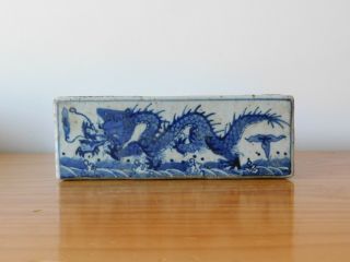C.  16th - Antique Chinese Ming Wanli Blue & White Porcelain Dragon Ink Stone