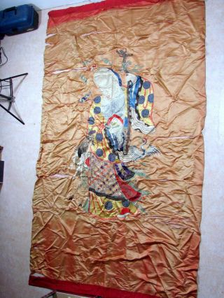 100 " Huge Antique Chinese Silk Panel Of Immortal God Gold Embroidered 19 Thc