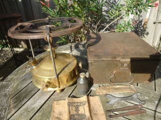 Very Rare Antique 1920 Phoebus No 1 Early Bun Foot Stove In Tin Storage Box
