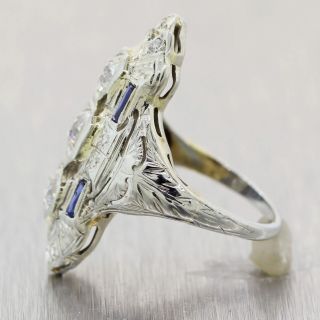 1930 ' s Antique Art Deco 18k White Gold 1.  27ctw Diamond & Sapphire Filigree Ring 2