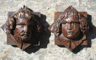 17th Century Carved Oak Heads,  Gothic Medieval Carving C.  1660