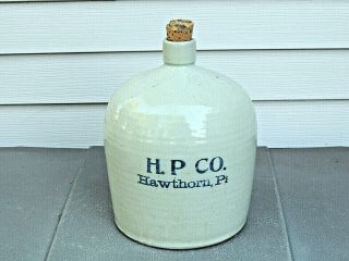 Antique H.  P.  Co.  Hawthorn,  Pa Stoneware Advertising Whiskey Jug,  Cobalt Blue