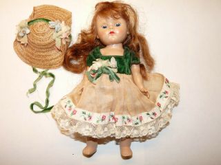 Vintage 1953 Ginny Doll Pamela Vogue Green Flower Dress Hat Long Brunette Hair