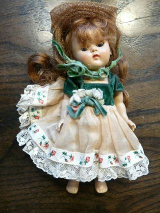 Vintage 1953 Ginny Doll Pamela Vogue Green Flower Dress Hat Long Brunette Hair 2