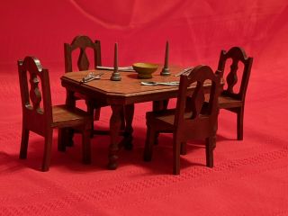Vintage Strombecker Playthings Wooden Dollhouse Furniture Dining Table & Chairs