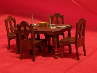 VINTAGE STROMBECKER PLAYTHINGS WOODEN DOLLHOUSE FURNITURE DINING TABLE & CHAIRS 2