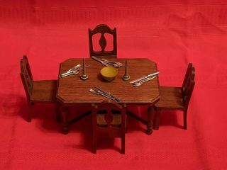 VINTAGE STROMBECKER PLAYTHINGS WOODEN DOLLHOUSE FURNITURE DINING TABLE & CHAIRS 3