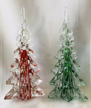 2 Vtg Crystal Glass Art Pine Christmas Tree By Midwest 8.  5” Tall Red Green
