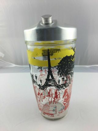 Vintage Glass Cocktail Shaker - Paris Motif - Drink Recipes - Aluminum Top