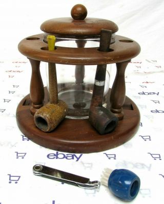 Vintage Round Wood Pipe Stand Holder - Glass Tobacco Humidor Holds 6 Pipes