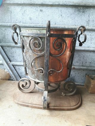 Vintage Antique Art Nouveau Crafts Wrought Iron And Copper Waste Paper Bin