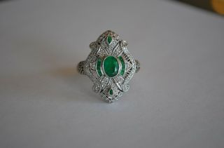 Victorian 18k Gold 1 Carat Oval Emerald & Diamond Milgrain Ring Art Deco Antique