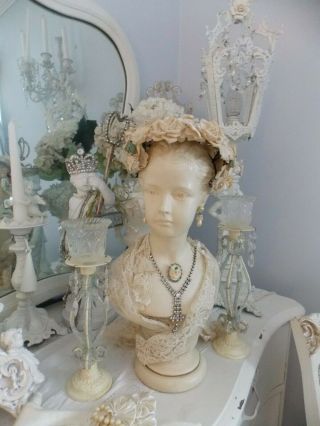 Vintage French Lady/girl Statue Bust W/ Jewels,  Rose Millenary Hat& Candle Holder