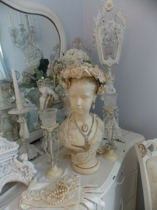 VINTAGE FRENCH LADY/GIRL STATUE BUST W/ JEWELS,  ROSE MILLENARY HAT& CANDLE HOLDER 2