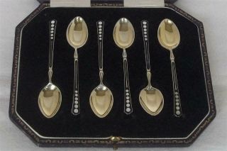 A Fine Case Set Of Six Solid Silver & Enamel Coffee Spoons Birmingham 1949 - 51.