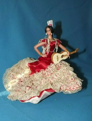 Vintage Marin Chiclana Spanish Flamenco Dancer Doll 9 " Red Satin & Lace Dress