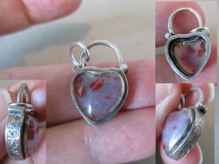Antique Vintage Scottish Sterling Silver Agate Heart Padlock Fob Charm Pendant