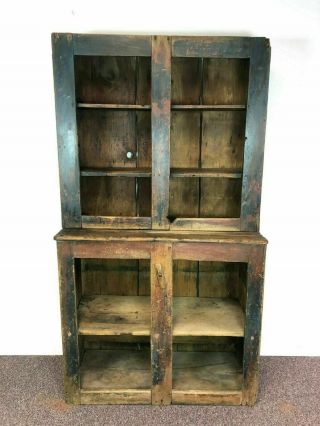 19th Century Pine Country Step Back Cupboard Cabinet Old Blue & Red Paint