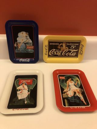 4 Vintage Coca - Cola Small Metal Trays In Blue,  Red,  Yellow & White 6 1/2 X 4/1/2