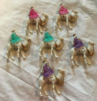 6 Vintage Bradford Christmas Ornaments White Plastic Wise Men Kings On Camels