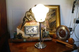 Vintage Art Deco Table Lamp Chrome Stepped Base & Milk Glass Shade 20 