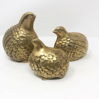 Vintage Brass Quails Set Of Three (3) Partridge Figurines Birds Animal Decor