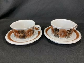 Set Of 2 Vintage Arabia Finland Brown Rosmarin Ulla Procope Flat Cup And Saucers