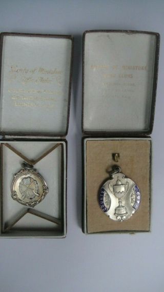 2 Vintage Antique Silver Society Of Miniature Rifle Clubs Shooting Medal Fob