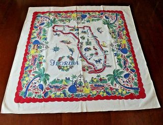 Vibrant Vintage Retro 1950s Florida State Map Souvenir Cotton Tablecloth 48 " Sq
