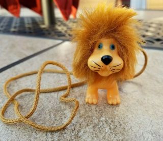 Vintage Troll Lion Doll Pendant Necklace 3 - 1/2 " Made In Korea Brown Cord