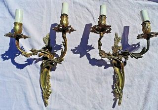 French Vintage Rococo Style Hot Cast Brass Double Wall Light Sconces Vgc