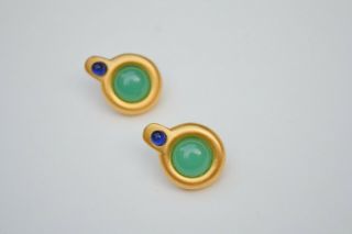 Vintage Signed Givenchy Clip On Earrings Green/blue Cabochons Goldtone Modernist