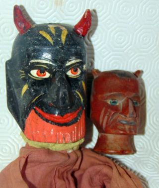 2 Antique Devil /krampus Punch & Judy Wood Carved Puppet Heads