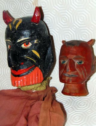 2 antique devil /Krampus Punch & Judy wood carved Puppet heads 3