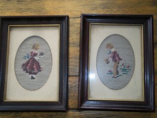 Pair Vintage Completed Framed Needlepoint Victorian Boy & Girl Pictures 6 X 8.  5
