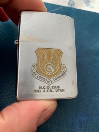 Vintage 1968 A.  F.  Logistics Command N.  C.  O.  Club Hill A.  F.  B.  Utah Zippo Lighter