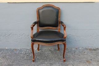 Vintage 1950 " S Carved Walnut Armchair/ Black Vinyl Upholstery - French Style
