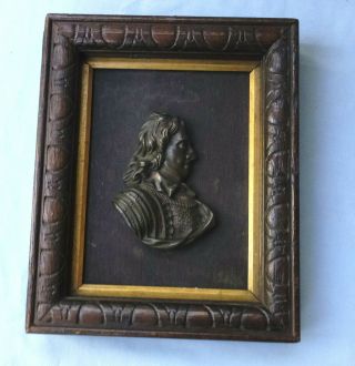 Antique Bronze Relief Bust Of Oliver Cromwell In Carved Oak Frame