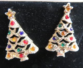 E1 Vtg Rhinestone Christmas Tree Clip Earrings Gold Tone 2 " Holiday Winter