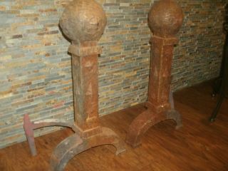 Rare Antique Cast Iron Cannonball Style Andirons - Huge 24 