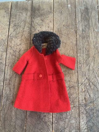 Vintage Barbie Red Woool Felt Overcoat Jacket W Black Collar Fur Trim & Belt