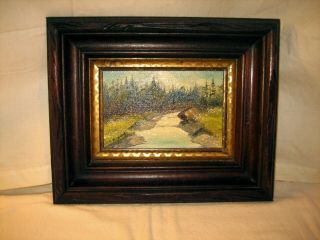 Sm Antique Walnut Frame Wooded Stream Landscape Oil Painting On Board L Kennedy