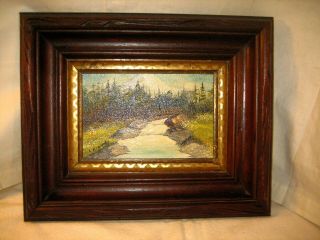 SM ANTIQUE WALNUT FRAME WOODED STREAM LANDSCAPE OIL PAINTING ON BOARD L KENNEDY 2