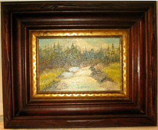 SM ANTIQUE WALNUT FRAME WOODED STREAM LANDSCAPE OIL PAINTING ON BOARD L KENNEDY 3