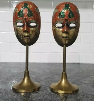 Vintage Decorative Brass Face Masks On Stands Pedestals